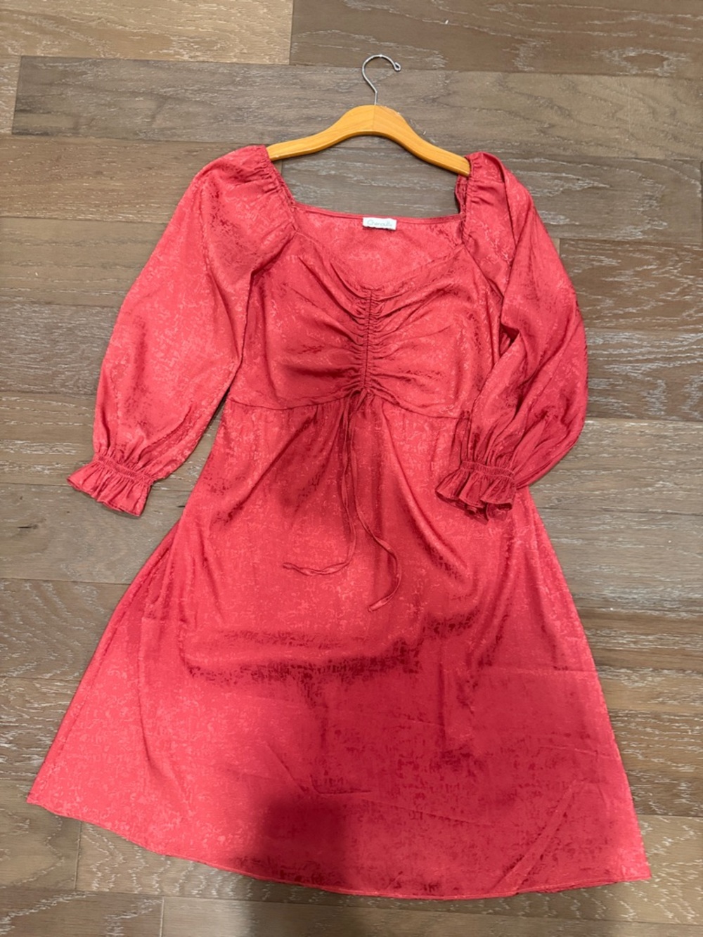 Chenault Coral-Red Midi Dress with Ruched Front and Puff Sleeves Soft Fabric